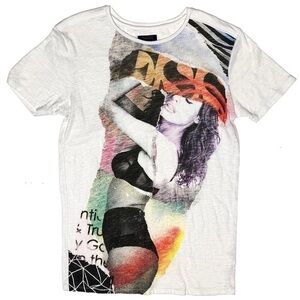 Vtg Guess Sexy Lady Lingerie Model Colorful Graphic Print Tunic Shirt Grunge S